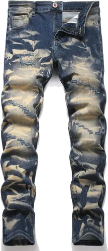 Vista 10 de Jeans rasgados para hombre, diseño ajustado y desgastado, elásticos, cómodos, con cintura flexible 9001 Azul