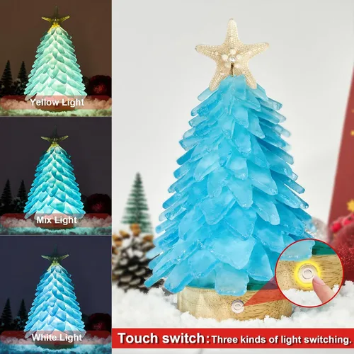 Vista 5 de Árbol de Navidad de cristal azul marino - Mini árbol de Navidad con luces LED Centro de mesa hecho a mano, ideal para Navidad, Año Nuevo