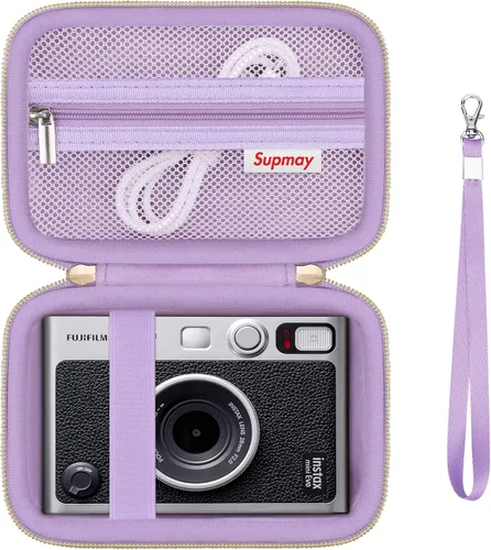 Vista 18 de Funda de transporte compatible con cámara instantánea Fujifilm Instax Mini EVO, bolsa de viaje con bolsillo de malla para fotos, cables USB Negro