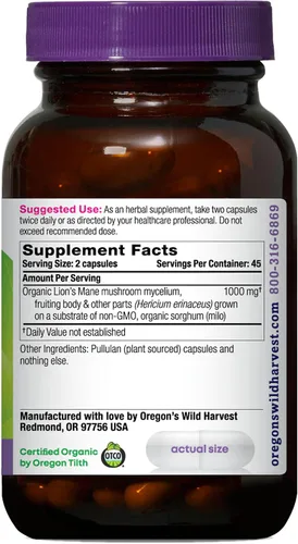 Vista 2 de Oregon's Wild Harvest Lion's Mane Suplemento de hierbas orgánicas, cápsulas veganas, 90