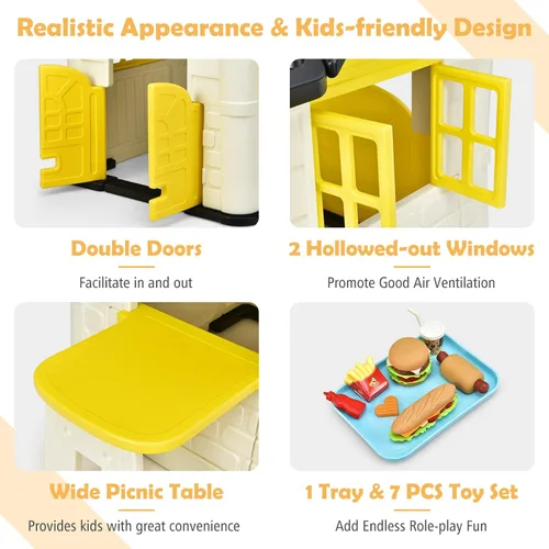 Vista 2 de Costzon Casa de juegos para niños, juegos de jardín al aire libre con puertas y ventanas de trabajo, casa de juguetes de simulación con mesa