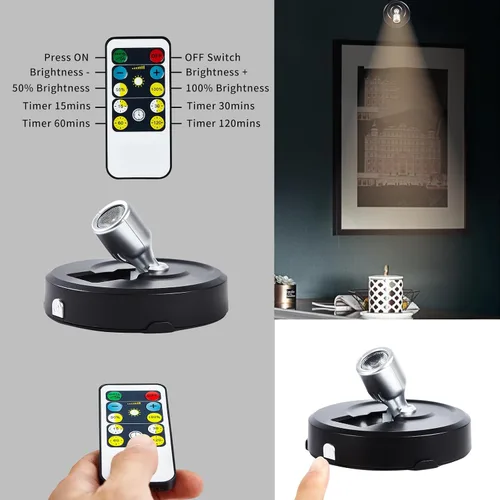 Vista 2 de Focos LED inalámbricos, paquete de 2 luces de acento con control remoto, luces inalámbricas de imagen con cabezal giratorio, iluminación
