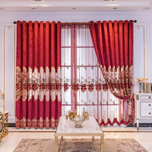 Vista 5 de ELKCA Cortina de felpilla bordada en rojo burdeos para sala de estar, cortinas florales de felpilla de lujo para dormitorio, ojales en la parte