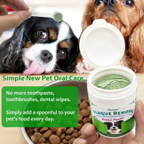 Vista 6 de Petstoral Polvo dental natural para perros, cuidado dental para perros, removedor de placa y tratamiento para el mal aliento, encías saludables