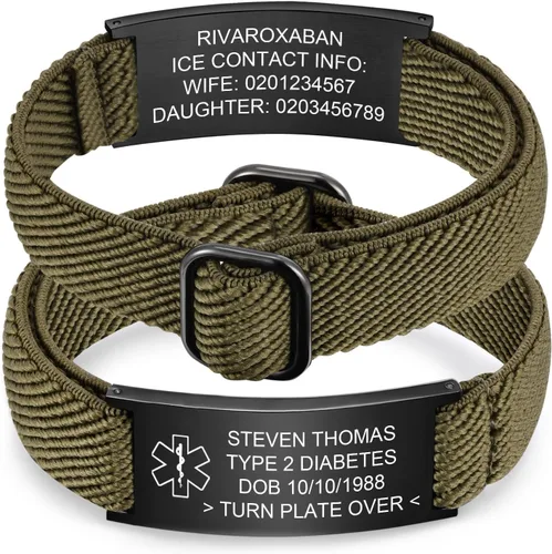 Vista 18 de Pulsera de alerta médica personalizada para hombres - Pulseras de identificación de acero inoxidable con correa elástica personalizada grabada
