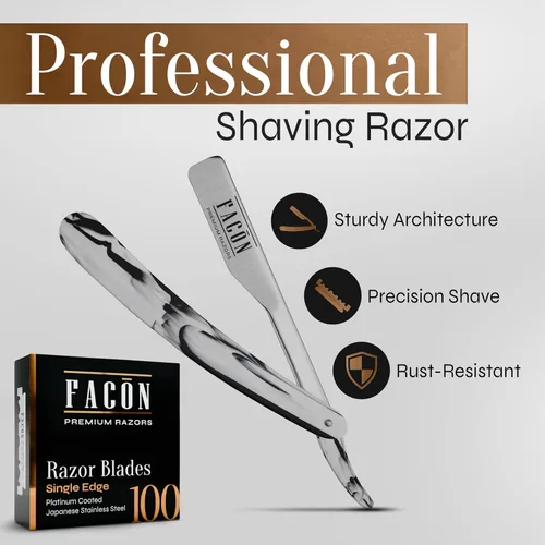 Vista 2 de Facón Navajas rectas para hombres - Kit de navaja de barbero profesional de borde recto con 100 cuchillas, afeitadora clásica de acero inoxidable