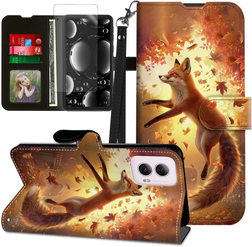 Vista 217 de Funda para Motorola Edge 2022 con protector de pantalla, soporte y tarjetero y correa para la muñeca, funda magnética para Moto Edge 2022 5G UW Lobo