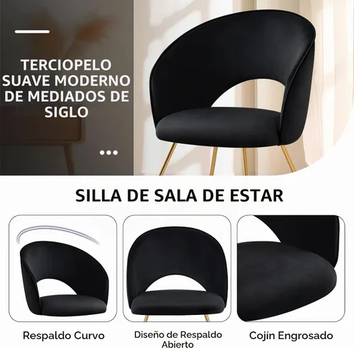 Vista 4 de Furniliving Silla decorativa de terciopelo para sala de estar, cómoda silla tapizada de barril con respaldo, silla de maquillaje negra de mediados