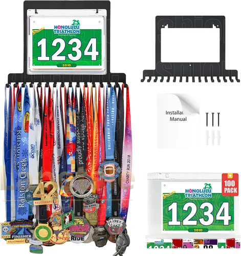 Vista 3 de Colgador de medallas para carreras, exhibición de medallas de maratón y colgador de medallas para corredores, exhibición de medallas con dorsal
