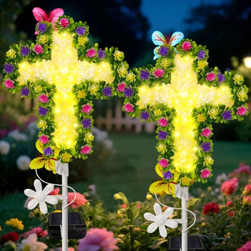 Vista 9 de YJFWAL Luz Solar de Estaca de Jardín con Cruz de Cristal, Decoraciones de Cementerio para Luces Exteriores de Tumba, Regalos Conmemorativos