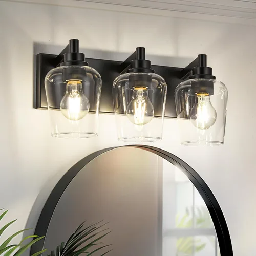 Vista 13 de Lámparas de baño, lámpara de tocador moderna de 4 luces con pantalla en forma de copa de vino de vidrio transparente, accesorios de iluminación Negro
