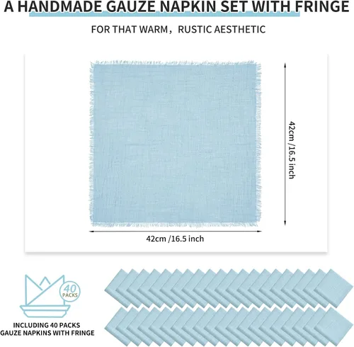 Vista 2 de Paquete de 40 servilletas de tela azul polvoriento, servilletas de lino de algodón a granel de 16.5 x 16.5 pulgadas hechas a mano con flecos