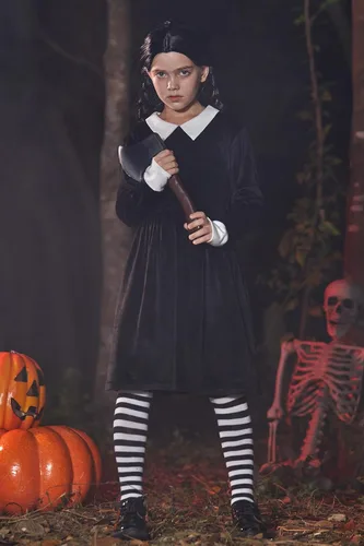 Vista 3 de BesserBay Halloween - Vestido de terciopelo negro con cuello Peter Pan para niñas de 4 a 14 años
