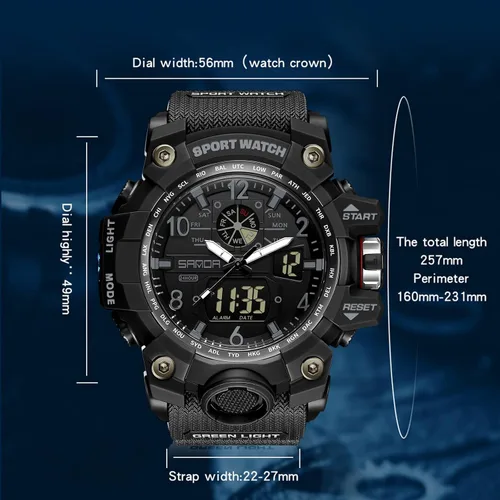 Vista 4 de Reloj militar para hombre, de doble pantalla, impermeable, deportivo, digital, muñeca grande, con alarma