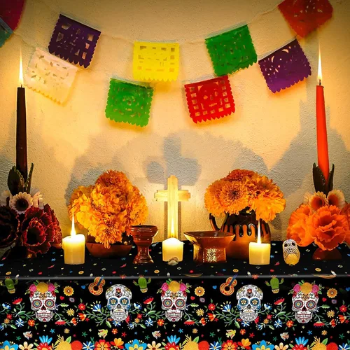 Vista 6 de Irenare Mantel de plástico con diseño de Día de los Muertos, diseño de calavera de azúcar, desechable, rectangular, para Halloween, cumpleaños Negro