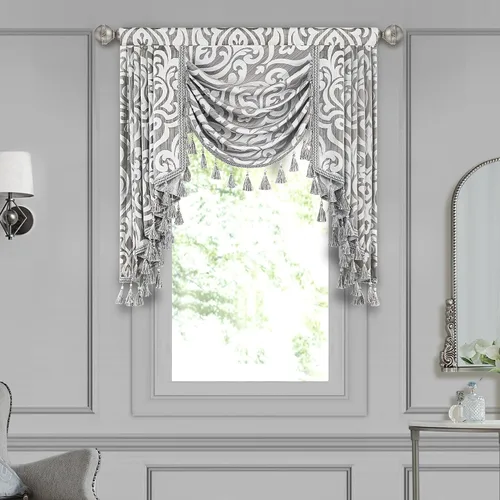 Vista 23 de Loom and Mill Cenefa de cascada de lujo de jacquard para sala de estar, elegantes cenefas de ventana con festones y cuentas damascadas, cortinas