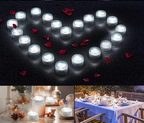 Vista 4 de Mini velas de té LED sumergibles impermeables – 20 unidades superbrillantes de disco de luz a pilas para centros de mesa de boda, florero floral