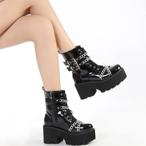 Vista 6 de mikarka Platform Boots for Women - Womens Combat Boots with Chain Design 1-negro