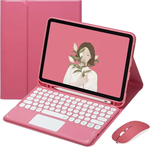 Vista 15 de Funda de teclado con panel táctil para iPad 6 iPad 5 Air 2 Pro de 9.7 pulgadas con teclado táctil retro de teclas redondas con ratón, teclado