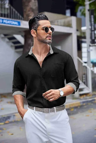 Vista 6 de COOFANDY Camisa de lino con botones para hombre, de manga larga, informal, para playa, con bolsillo