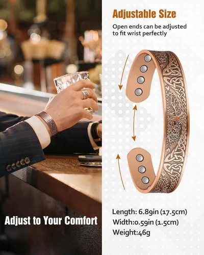 Vista 6 de Pulsera de cobre para hombres, pulsera magnética de cobre de 18X de fuerza para hombres con imanes de 3,800 Gauss, cobre sólido puro al 99.99%