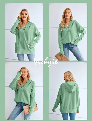 Vista 6 de VICHYIE Sudaderas casuales con capucha para mujer manga larga con bolsillos estilo Henley con botones de gran tamaño con capucha