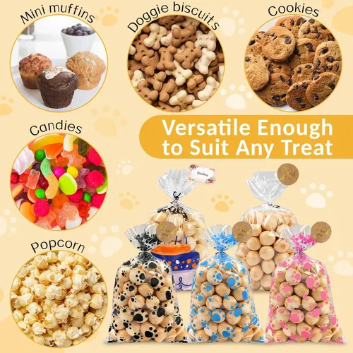 Vista 6 de 100 bolsas de celofán con estampado de patas de perro de mayor capacidad, bolsas de golosinas para perros y gatos con calcomanías, bolsas de dulces