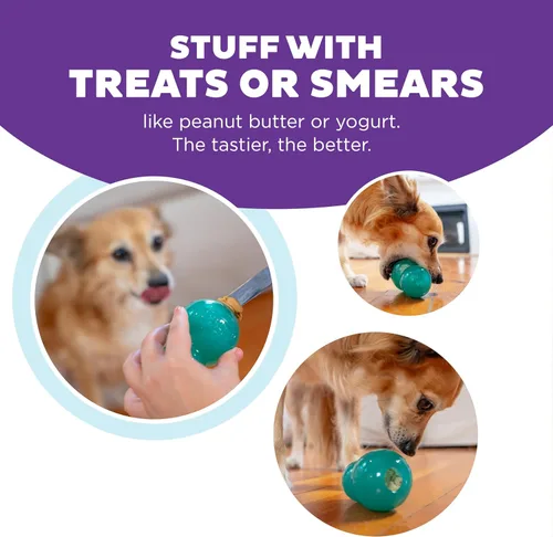 Vista 4 de Outward Hound Juguete para Perros Rellenable Double-Tuff, Mediano 4 Pulgadas Verde - Pelota Masticable Dispensadora de Golosinas para Perros