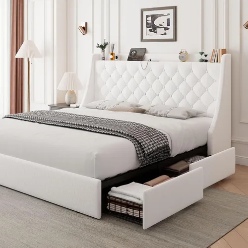 Vista 9 de Feonase - Base de cama tapizada tamaño matrimonial, 4 cajones para almacenar, puerto tipo C y USB, estación de carga, cabecera con respaldo capitoné