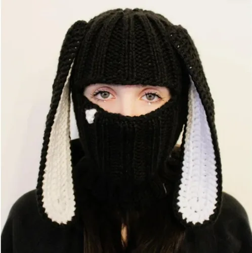 Vista 6 de Gorro de punto Y2k con cuerno de diablo y oreja de conejo largo, máscara de esquí, pasamontañas, accesorios para grunge