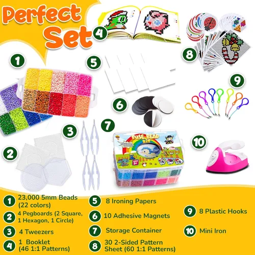 Vista 2 de Goody King Juego de Cuentas de Fusión con Plancha - Kit de Cuentas de Fusión para Manualidades Infantiles con Tablero de Clavijas y Cuentas Pony