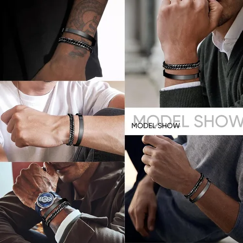 Vista 3 de XUANPAI Pulseras de plata personalizadas para hombre, 2 pulseras de acero inoxidable con eslabones cubanos para hombre, joyería de regalo para papá