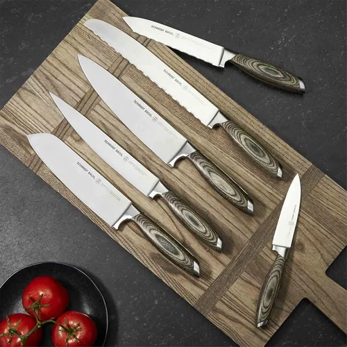 Vista 8 de Schmidt Brothers - Juego de cuchillos de cocina de 7 piezas, cubiertos de acero inoxidable alemán de alto carbono, asas de madera con acabado