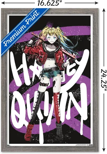 Vista 3 de Trends International DC Comics - Póster de pared de anime Harley Quinn, 14.725 x 22.375 pulgadas, versión enmarcada de madera de granero