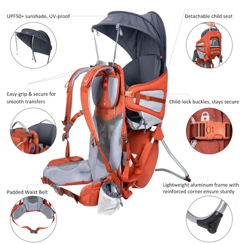 Vista 3 de Mochila portabebés, mochila de senderismo para niños pequeños con sombrilla Naranja