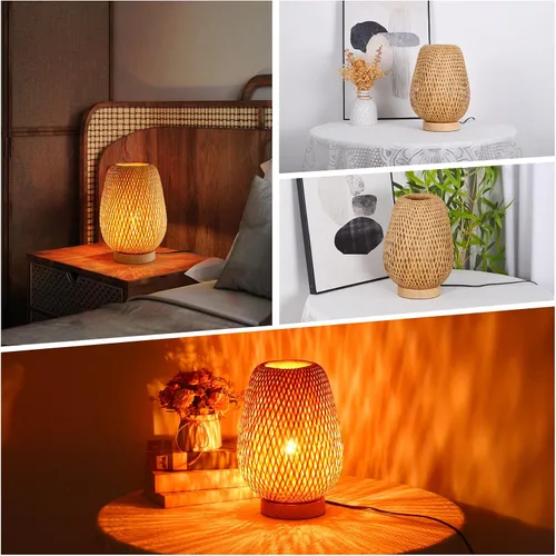 Vista 4 de Lámpara de mesa de ratán bohemia, regulable y pequeña al lado de la lámpara, mesita de noche de madera de mimbre natural, estilo bohemio, de bambú