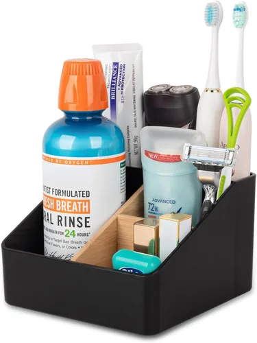 Vista 13 de Portacepillos de dientes para baños, soporte para cepillos de dientes de bambú con 5 ranuras, organizador de tocador de baño para encimera