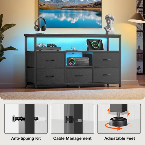 Vista 7 de Soporte de TV con luces LED y estación de carga, soporte de TV de 55 pulgadas para dormitorio, almacenamiento de cajones de tela, centro