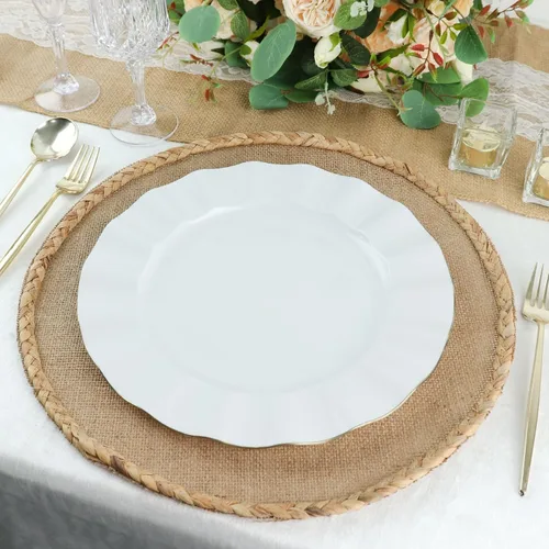 Vista 134 de Tableclothsfactory Paquete de 10 platos redondos de plástico negro de 6 pulgadas para ensalada de postre, platos desechables con borde ondulado