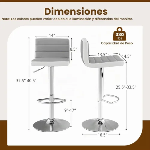 Vista 3 de COSTWAY Juego de 2 taburetes de bar ajustables, modernas sillas de bar giratorias de piel sintética con respaldo, reposapiés, taburetes de bar