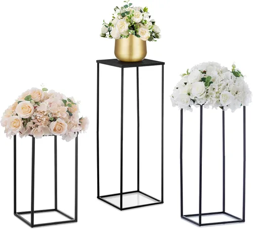 Vista 9 de Nuptio Jarrón de metal negro, 2 piezas de 15.7 pulgadas de alto, jarrones cilíndricos y cuadrados para centros de mesa, decoraciones para el hogar