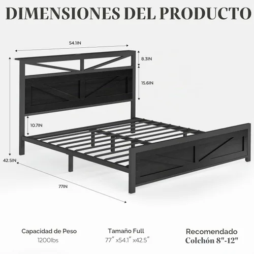 Vista 2 de Marco de cama rústico de tamaño completo con cabecera de puerta de granero y almacenamiento, marco de cama LED estilo granja de tamaño completo