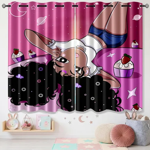 Vista 14 de Cortinas negras para dormitorio, decoración de habitación, cortinas opacas para ventana, juego de 2 paneles con estampado de niña africana morada