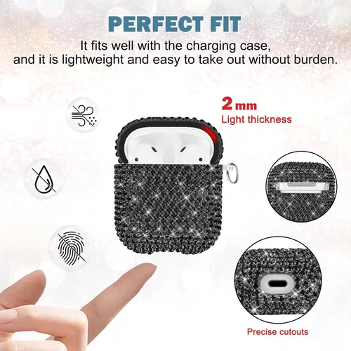 Vista 5 de Newseego Funda para AirPods de 1 y 2 generación, funda de lujo con diamantes de imitación brillantes con llavero para mujeres y niñas, anti-pérdida
