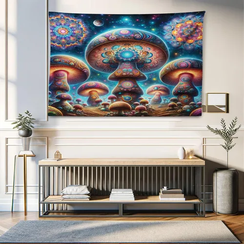 Vista 138 de Ambesonne Tapiz de hongos, atmósfera psicodélica, escena astral estrellada con motivos orientales trippy, decoración de tela para colgar en la pared