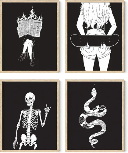 Vista 34 de HAUS AND HUES Decoración gótica de pared, juego de 4 impresiones de Halloween, arte de pared de terror y esqueleto, obra de arte espeluznante