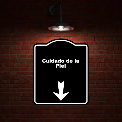 Vista 2 de Cuidado de la Piel - Letrero compuesto de aluminio con flecha hacia abajo, color negro español, 8.5 x 10 pulgadas