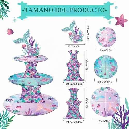 Vista 3 de Soporte para cupcakes de sirena, 3 niveles con 12 adornos