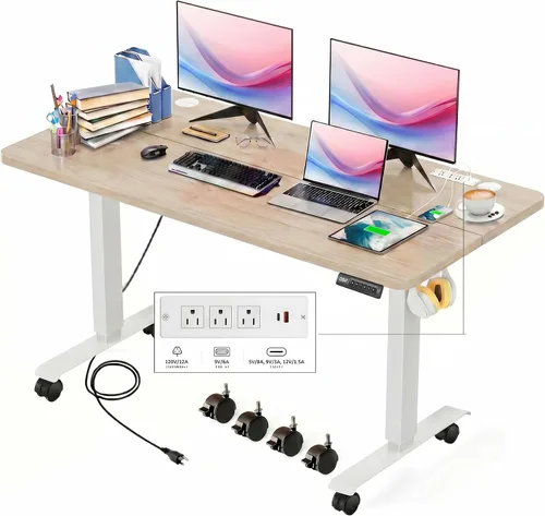 Vista 14 de Escritorio eléctrico de altura ajustable de pie, escritorio de sentarse y pararse de 48 x 24 pulgadas con toma de corriente, 2 puertos USB, 3 tomas
