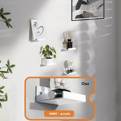 Vista 3 de Estantes de pared flotantes de acrílico para cámaras de seguridad, monitores de bebé, altavoces, estante de pared pequeño blanco con cintas